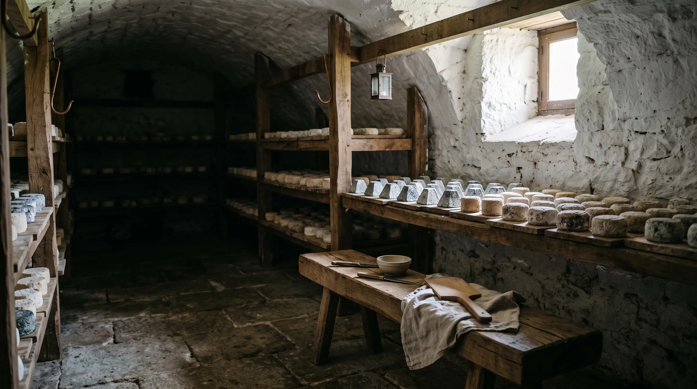 Une cave d'affinage, ses clayettes de fromages de chèvre