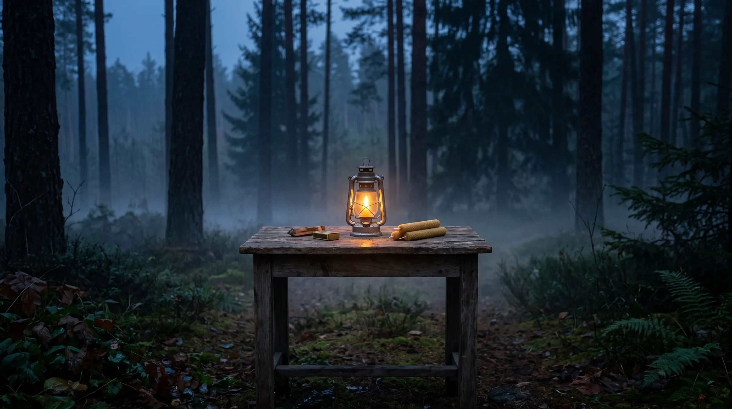 Une table de bois nue dans une clairière embrumée, une lanterne allumée