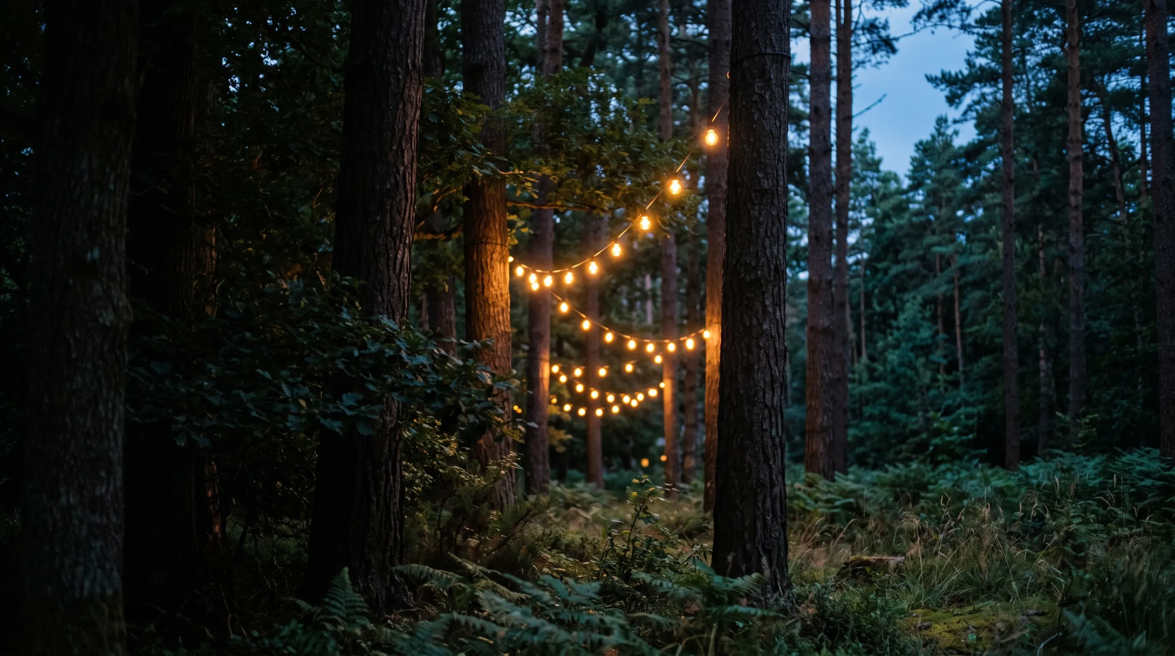 Guirlandes lumineuses suspendues entre les arbres à la tombée du jour