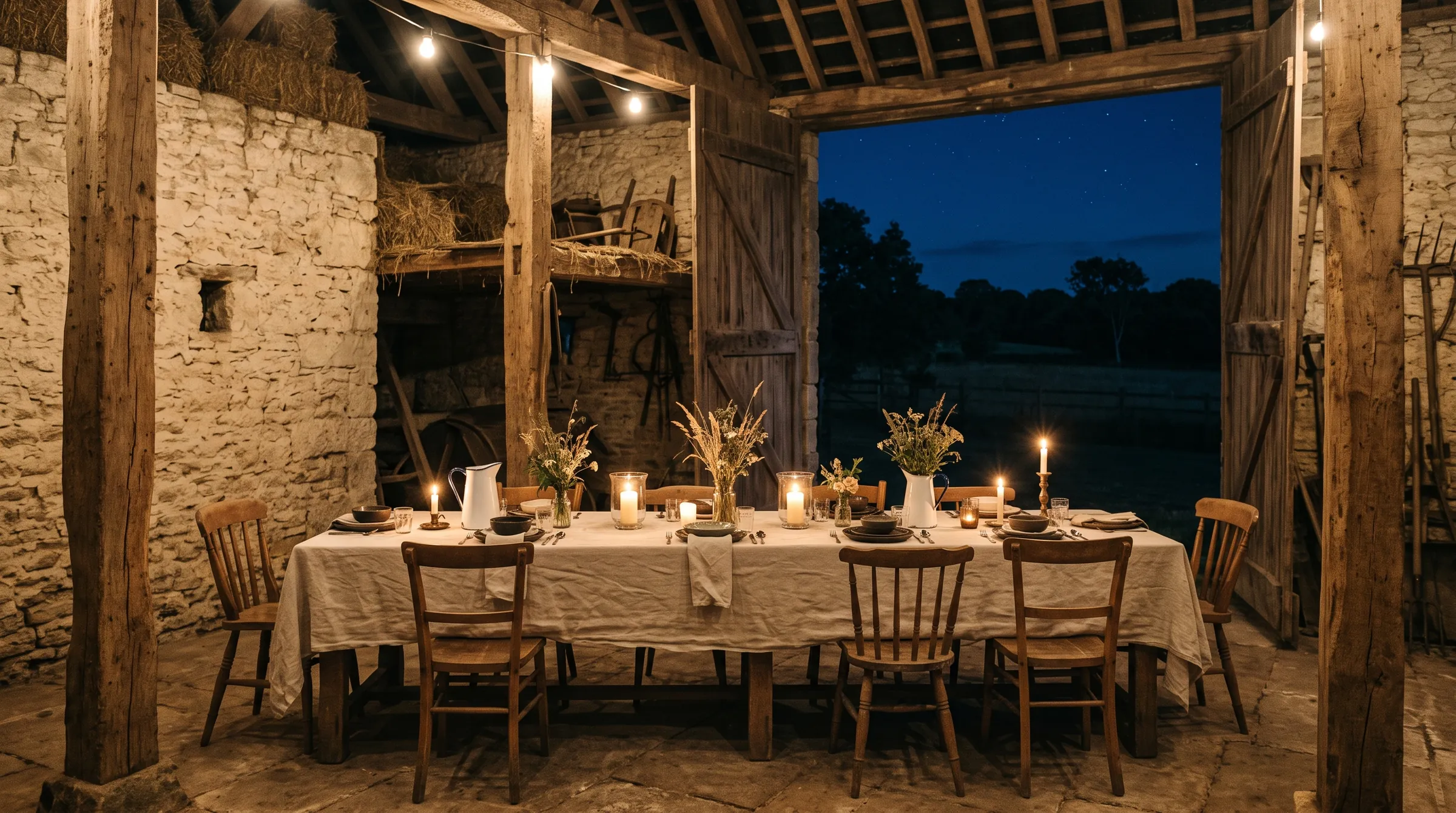 Table dressée à la lueur des bougies, sous la charpente d'une grange