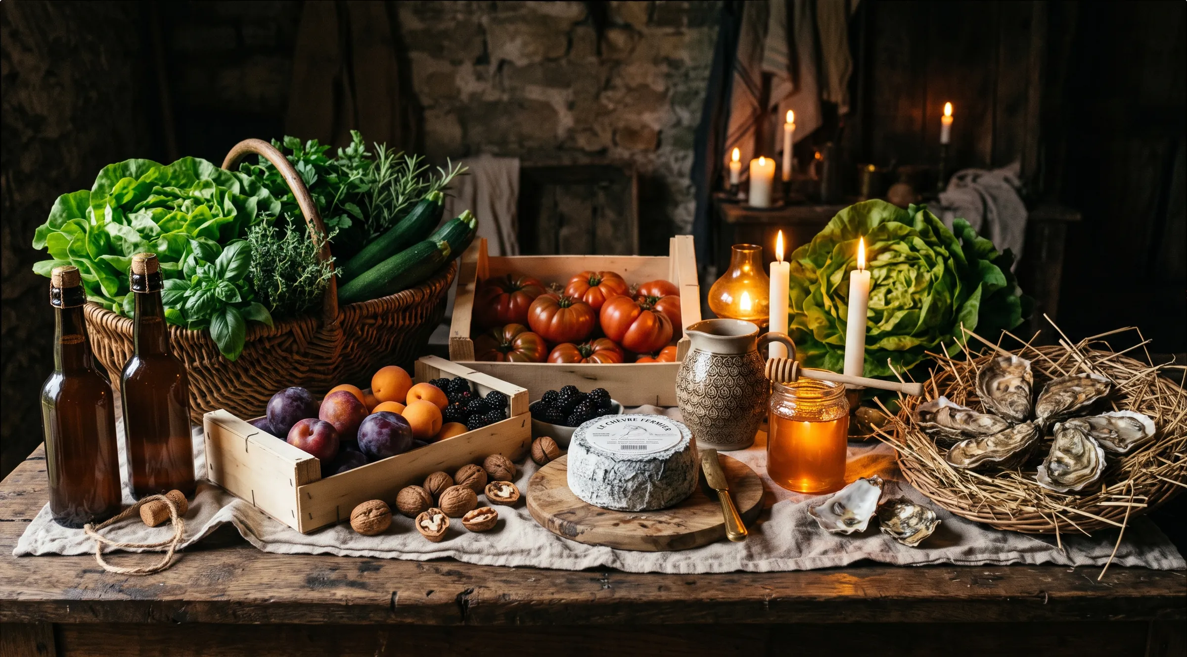 Les produits de la saison rassemblés sur une table, à la lueur des bougies