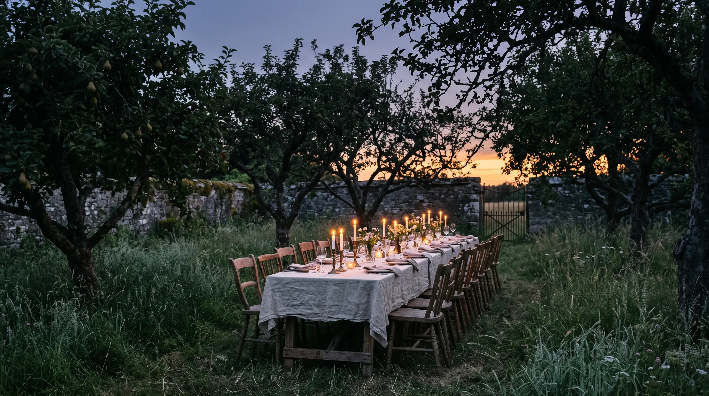 Une table dressée dans un verger clos, à la tombée du jour